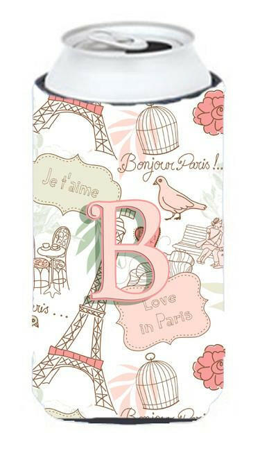 Letter B Love in Paris Pink Tall Boy Beverage Insulator Hugger CJ2002-BTBC by Caroline&#39;s Treasures