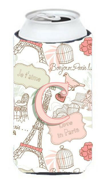Letter C Love in Paris Pink Tall Boy Beverage Insulator Hugger CJ2002-CTBC by Caroline&#39;s Treasures