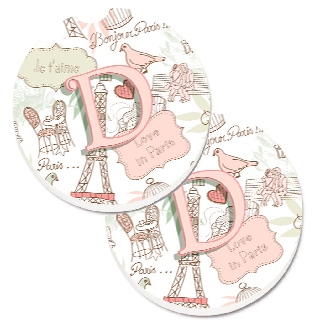 Letter D Love in Paris Pink Set of 2 Cup Holder Car Coasters CJ2002-DCARC by Caroline&#39;s Treasures