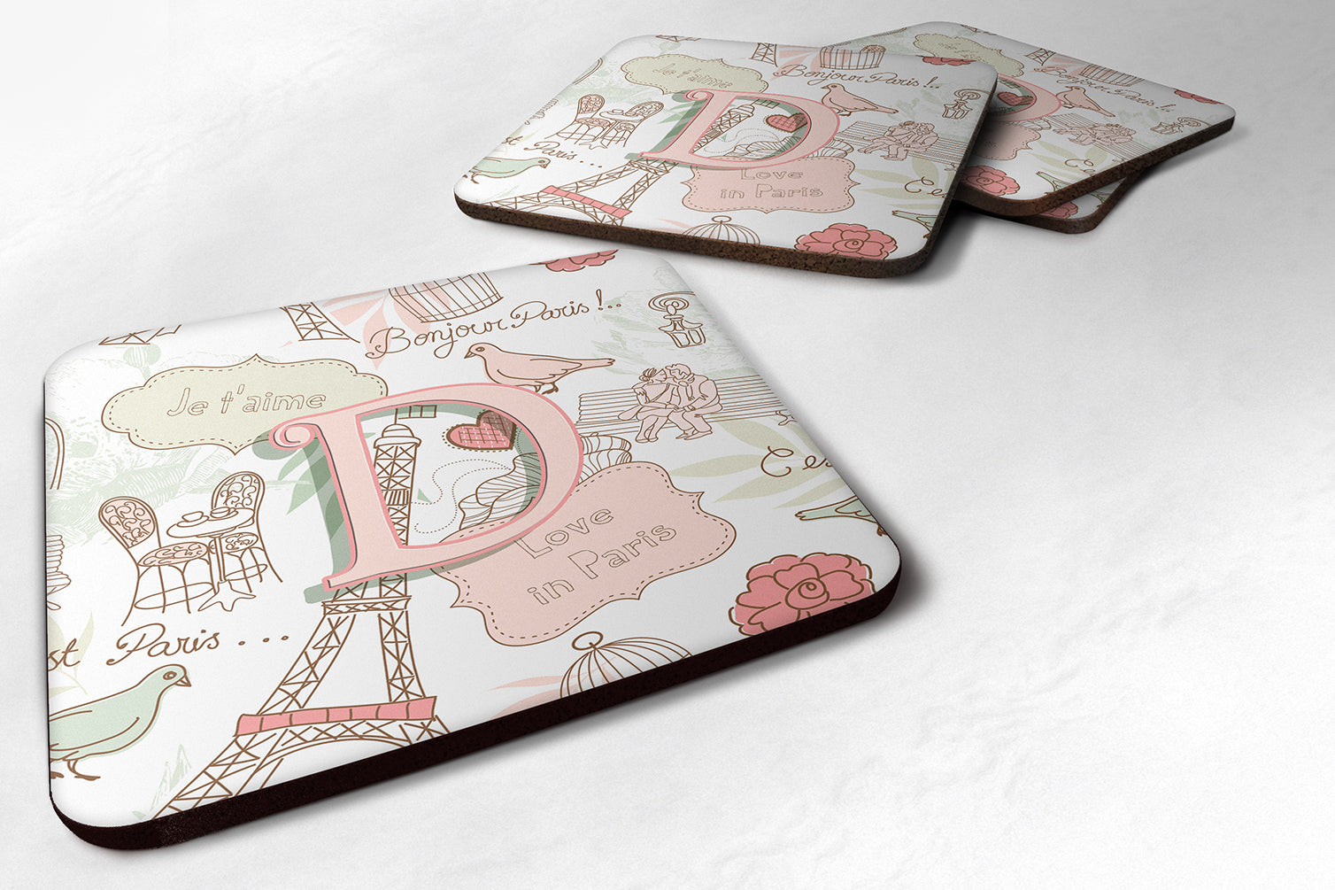 Set of 4 Letter D Love in Paris Pink Foam Coasters CJ2002-DFC - the-store.com