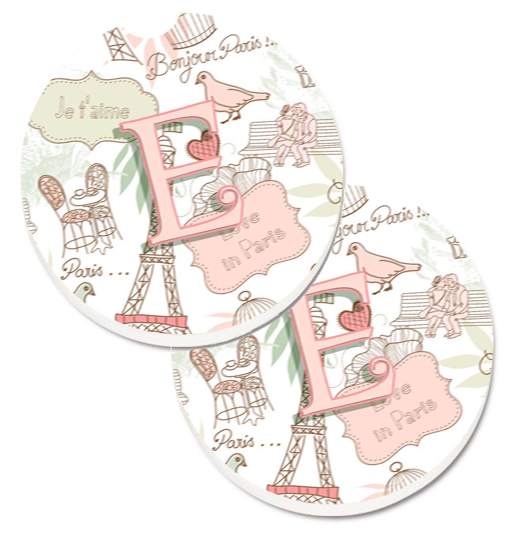 Letter E Love in Paris Pink Set of 2 Cup Holder Car Coasters CJ2002-ECARC by Caroline&#39;s Treasures