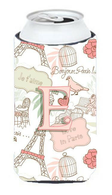Letter E Love in Paris Pink Tall Boy Beverage Insulator Hugger CJ2002-ETBC by Caroline&#39;s Treasures