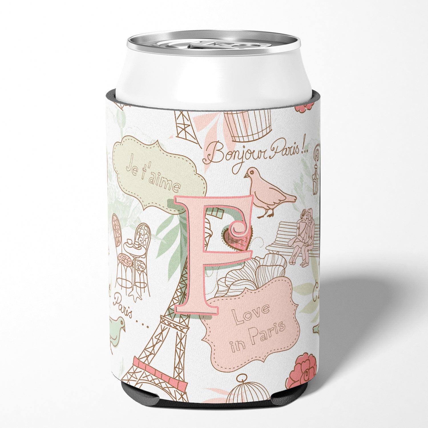 Letter F Love in Paris Pink Can or Bottle Hugger CJ2002-FCC