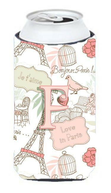 Letter F Love in Paris Pink Tall Boy Beverage Insulator Hugger CJ2002-FTBC by Caroline&#39;s Treasures