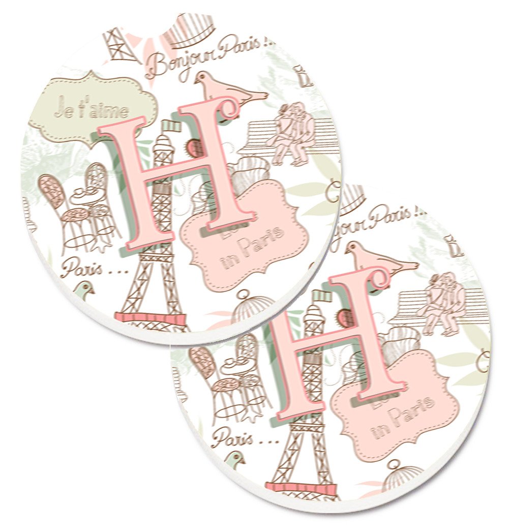 Letter H Love in Paris Pink Set of 2 Cup Holder Car Coasters CJ2002-HCARC by Caroline&#39;s Treasures