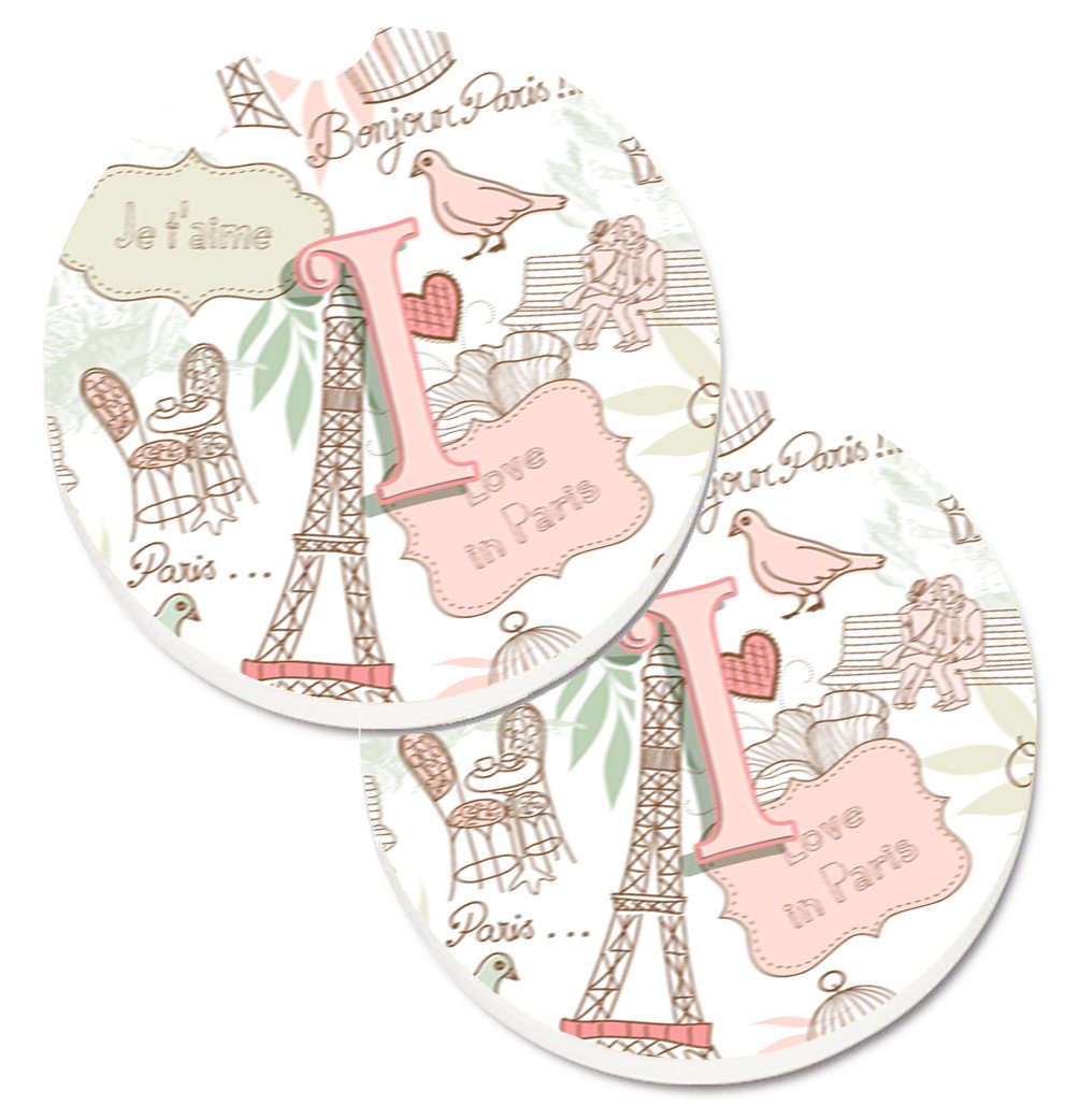 Letter I Love in Paris Pink Set of 2 Cup Holder Car Coasters CJ2002-ICARC by Caroline&#39;s Treasures