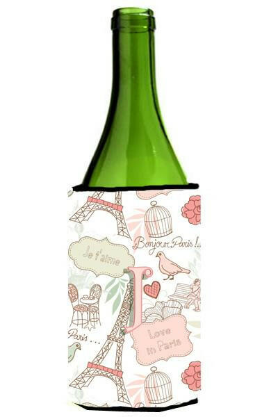 Letter J Love in Paris Pink Wine Bottle Beverage Insulator Hugger CJ2002-JLITERK by Caroline&#39;s Treasures