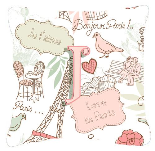 Letter J Love in Paris Pink Canvas Fabric Decorative Pillow by Caroline&#39;s Treasures
