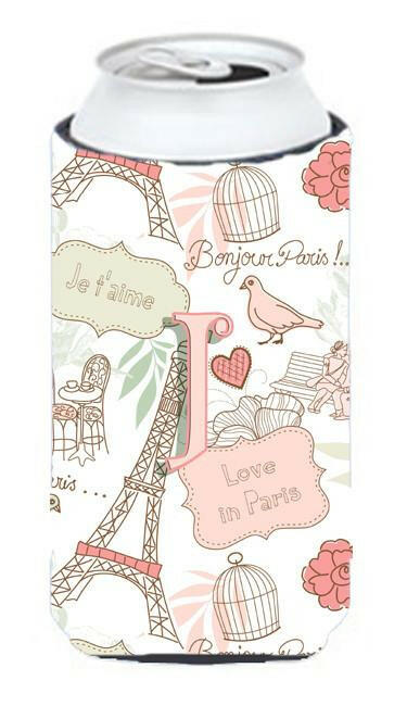 Letter J Love in Paris Pink Tall Boy Beverage Insulator Hugger CJ2002-JTBC by Caroline&#39;s Treasures