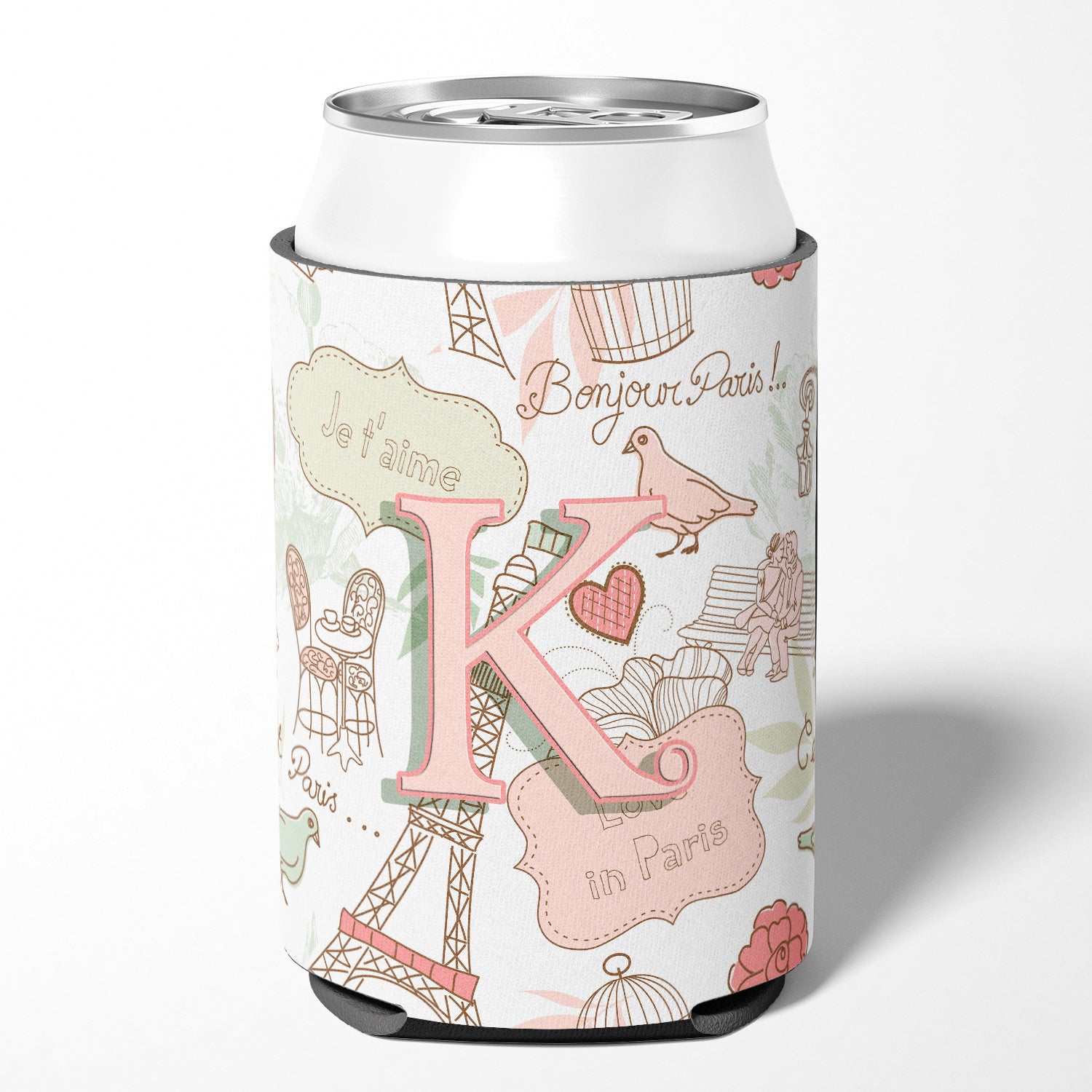 Letter K Love in Paris Pink Can or Bottle Hugger CJ2002-KCC