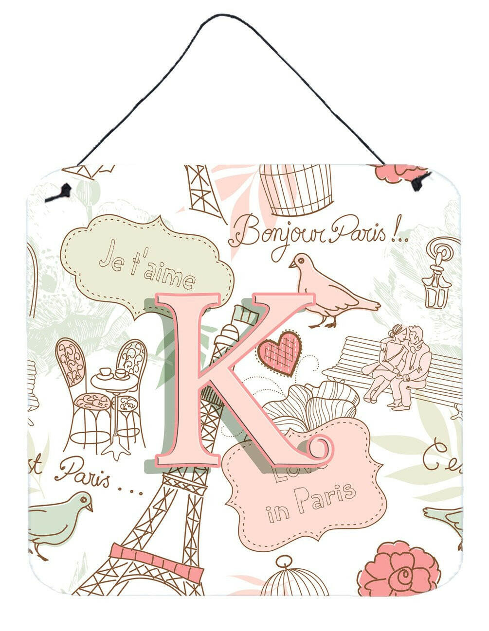 Letter K Love in Paris Pink Wall or Door Hanging Prints CJ2002-KDS66 by Caroline&#39;s Treasures
