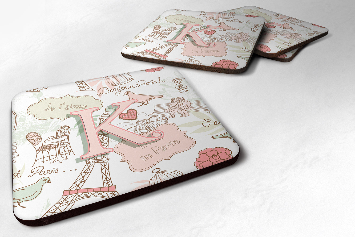 Set of 4 Letter K Love in Paris Pink Foam Coasters CJ2002-KFC - the-store.com
