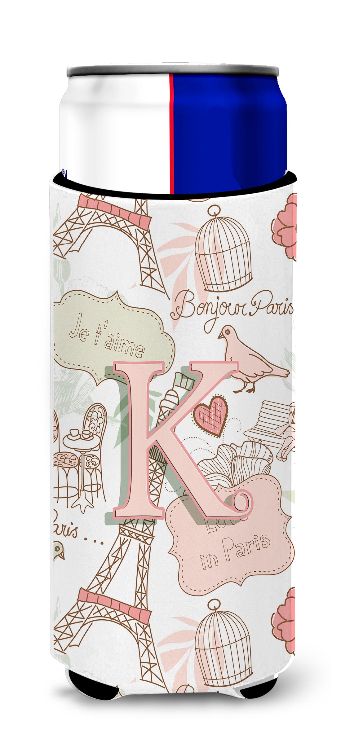 Letter K Love in Paris Pink Ultra Beverage Insulators for slim cans CJ2002-KMUK