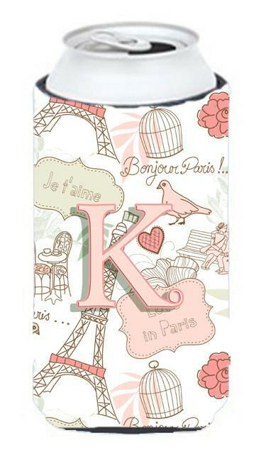 Letter K Love in Paris Pink Tall Boy Beverage Insulator Hugger CJ2002-KTBC by Caroline&#39;s Treasures