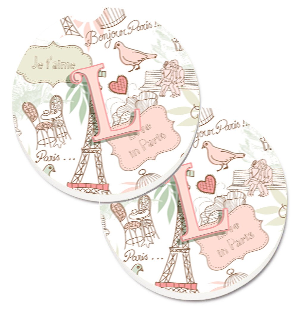 Letter L Love in Paris Pink Set of 2 Cup Holder Car Coasters CJ2002-LCARC by Caroline&#39;s Treasures