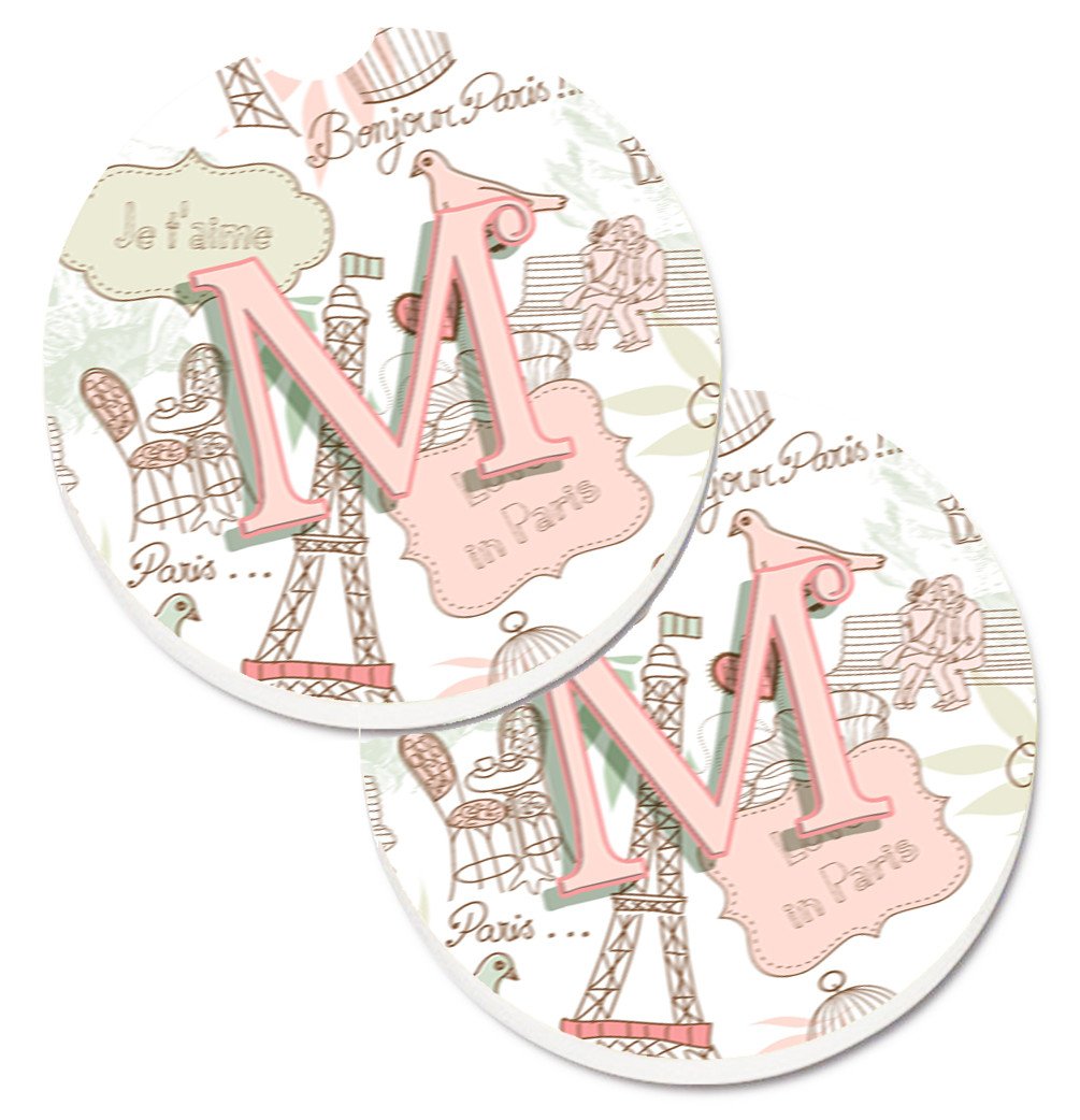 Letter M Love in Paris Pink Set of 2 Cup Holder Car Coasters CJ2002-MCARC by Caroline&#39;s Treasures