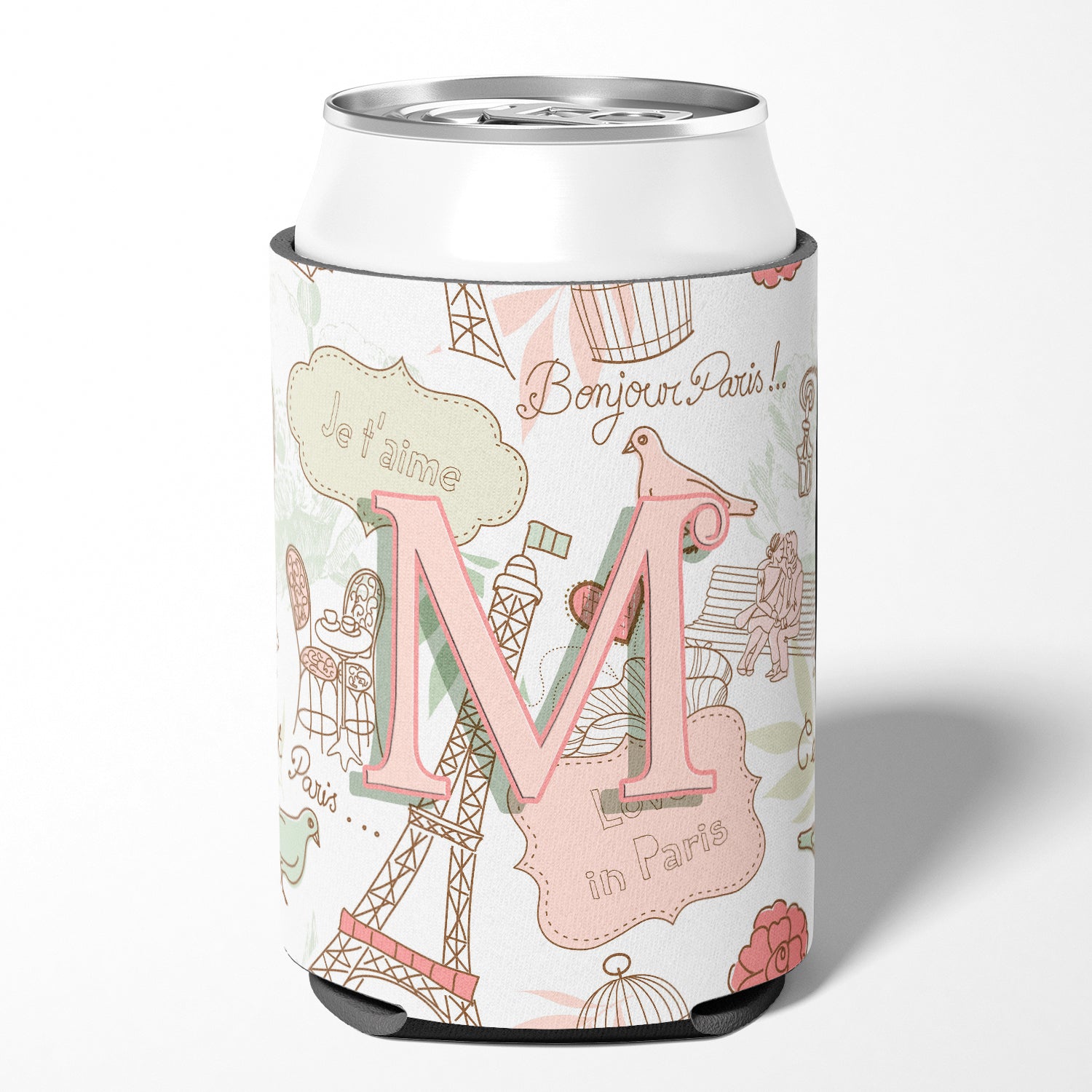 Letter M Love in Paris Pink Can or Bottle Hugger CJ2002-MCC