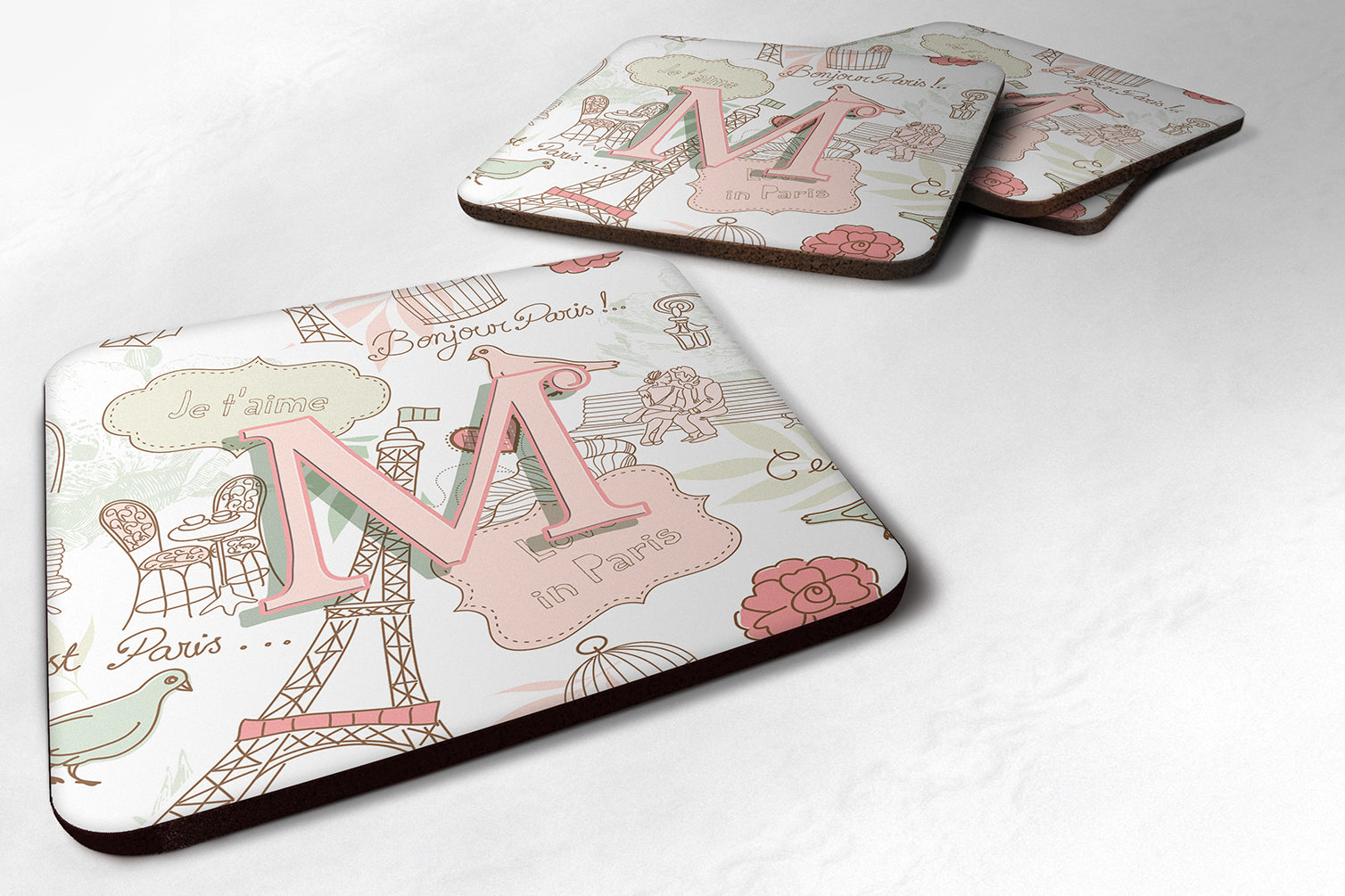 Set of 4 Letter M Love in Paris Pink Foam Coasters CJ2002-MFC - the-store.com
