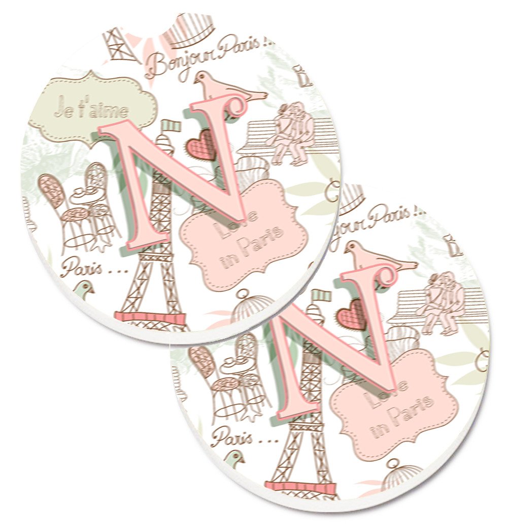 Letter N Love in Paris Pink Set of 2 Cup Holder Car Coasters CJ2002-NCARC by Caroline&#39;s Treasures