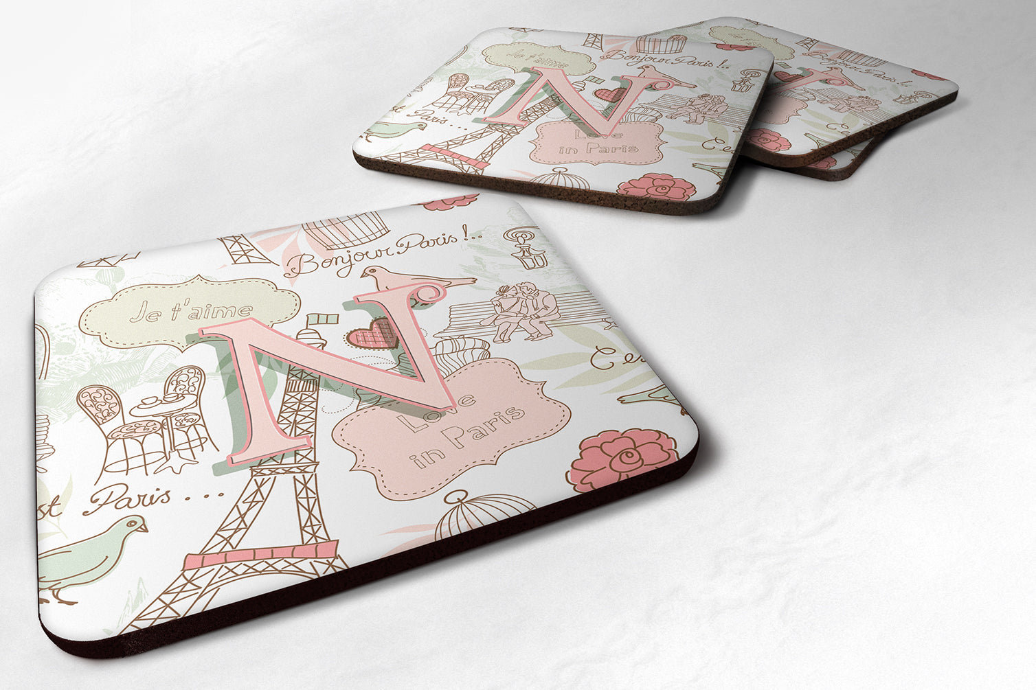 Set of 4 Letter N Love in Paris Pink Foam Coasters CJ2002-NFC - the-store.com
