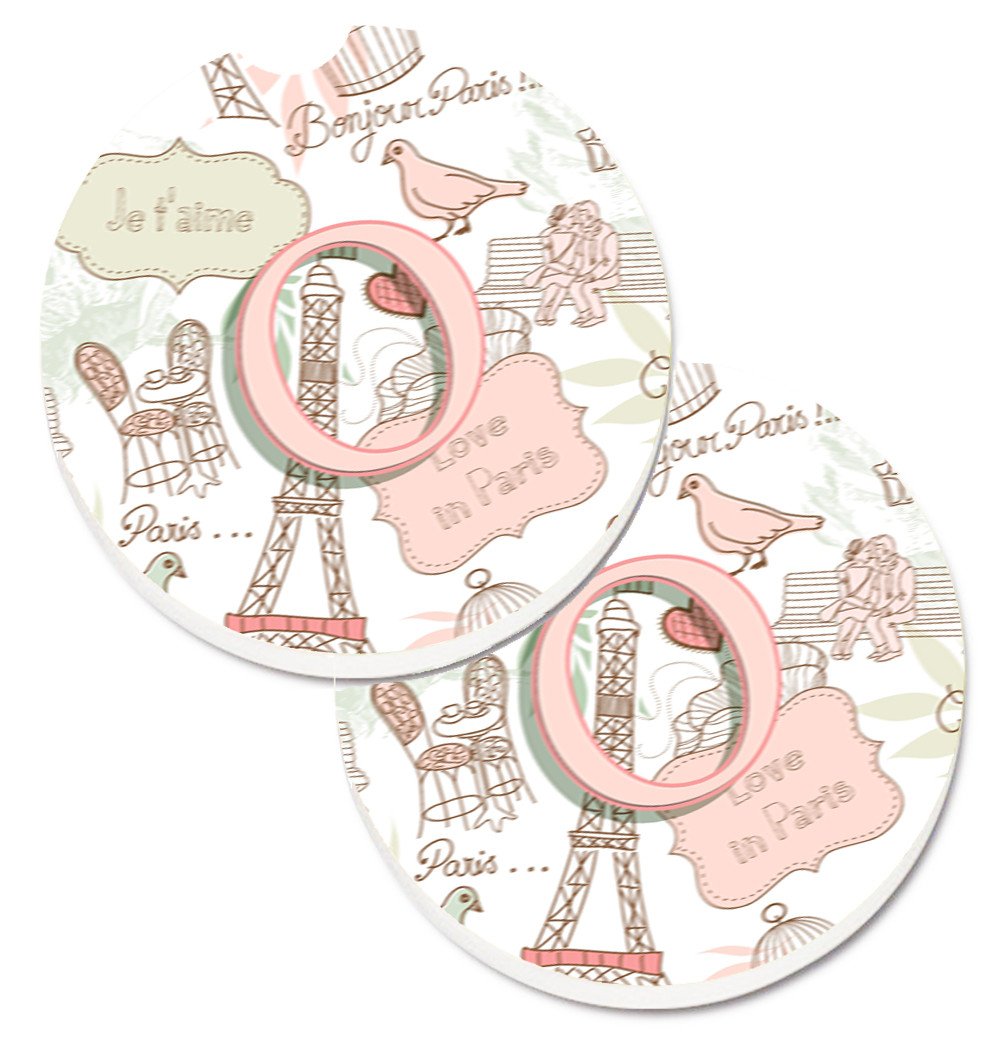 Letter O Love in Paris Pink Set of 2 Cup Holder Car Coasters CJ2002-OCARC by Caroline&#39;s Treasures