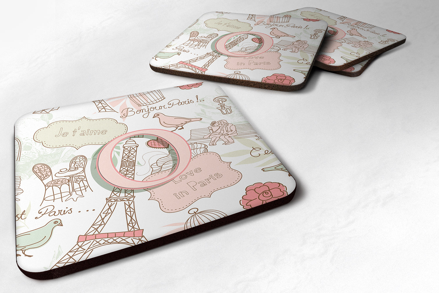 Set of 4 Letter O Love in Paris Pink Foam Coasters CJ2002-OFC - the-store.com