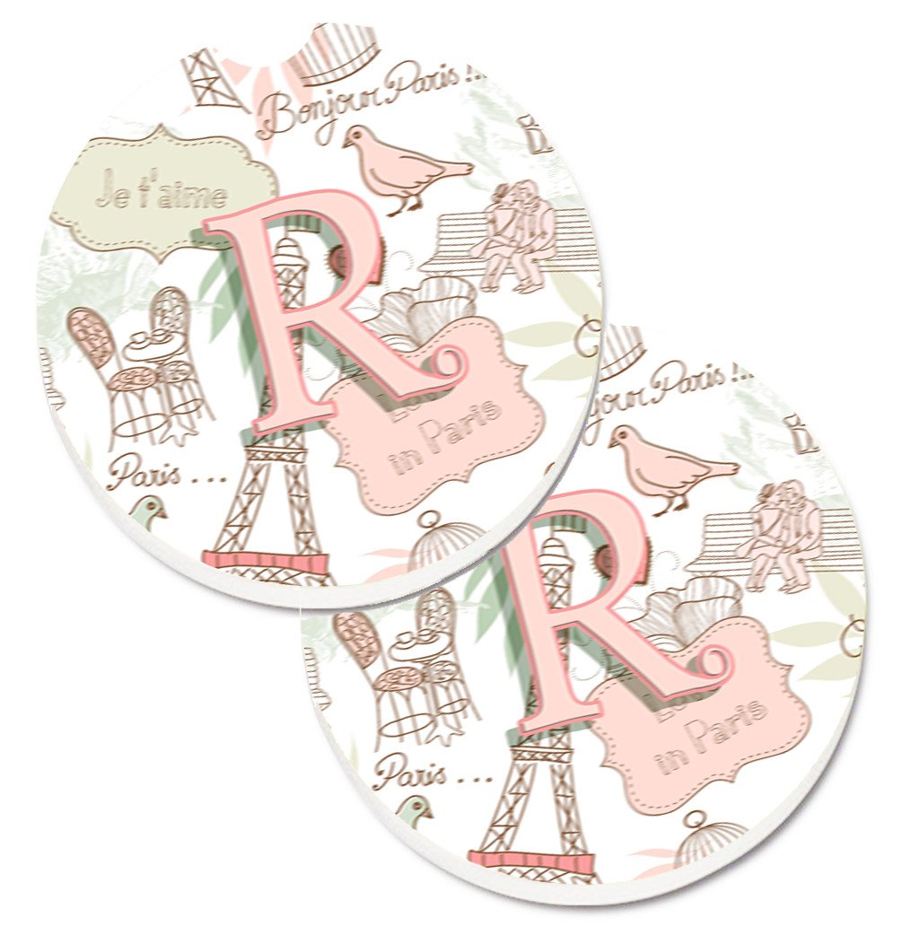 Letter R Love in Paris Pink Set of 2 Cup Holder Car Coasters CJ2002-RCARC by Caroline&#39;s Treasures