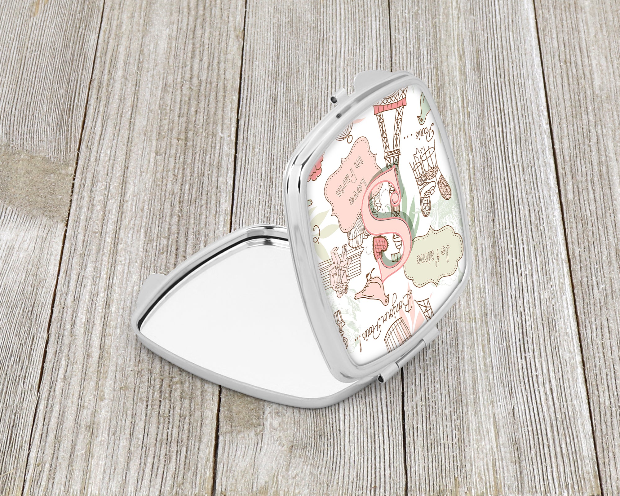 Letter S Love in Paris Pink Compact Mirror CJ2002-SSCM  the-store.com.