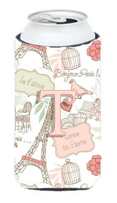 Letter T Love in Paris Pink Tall Boy Beverage Insulator Hugger CJ2002-TTBC by Caroline&#39;s Treasures