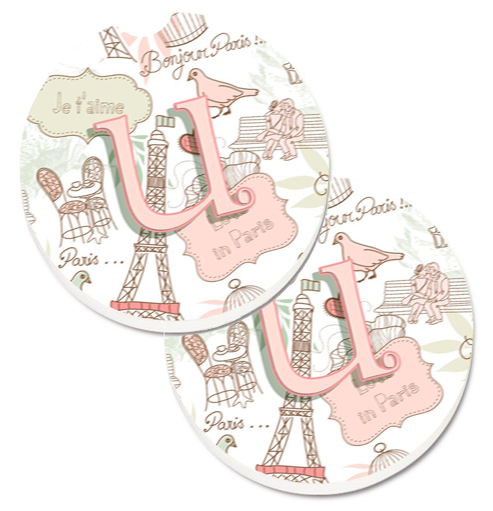 Letter U Love in Paris Pink Set of 2 Cup Holder Car Coasters CJ2002-UCARC by Caroline&#39;s Treasures