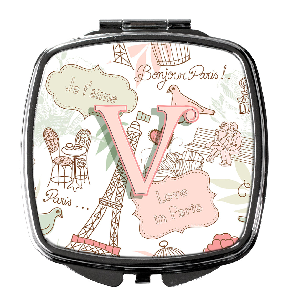 Caroline's Treasures Letter V Love in Paris Pink Compact Mirror – Stylish Purse Mirror with Artistic Covers CJ2002-VSCM