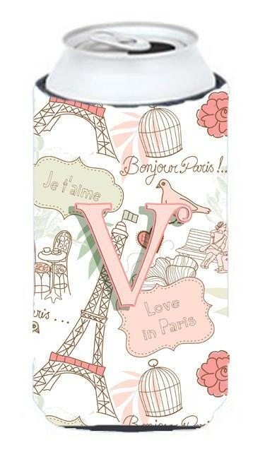 Letter V Love in Paris Pink Tall Boy Beverage Insulator Hugger CJ2002-VTBC by Caroline's Treasures