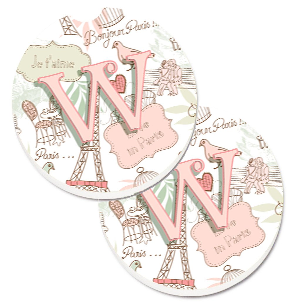 Letter W Love in Paris Pink Set of 2 Cup Holder Car Coasters CJ2002-WCARC by Caroline&#39;s Treasures