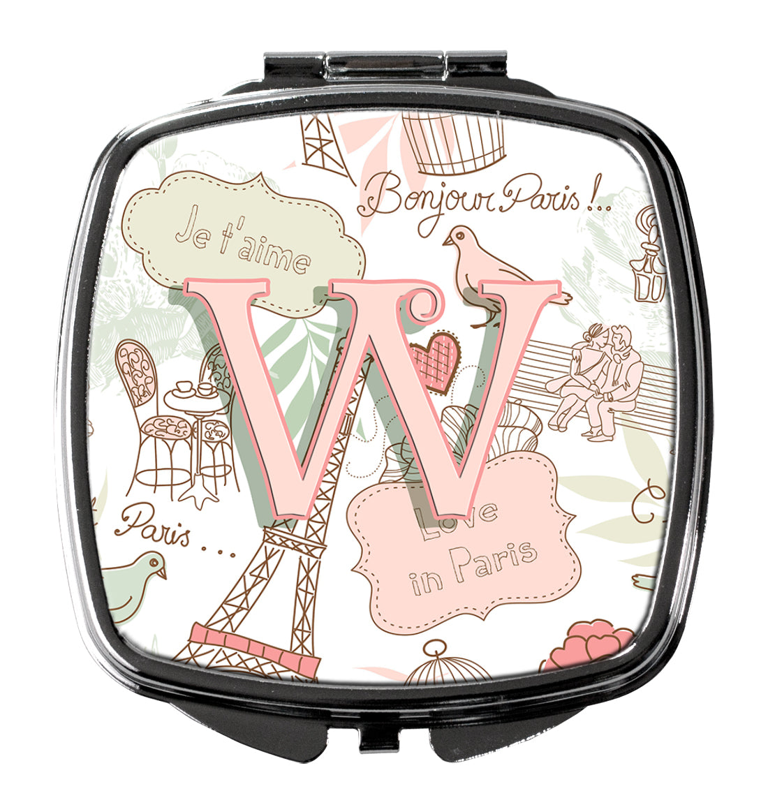 Caroline's Treasures Letter W Love in Paris Pink Compact Mirror – Stylish Purse Mirror with Artistic Covers CJ2002-WSCM