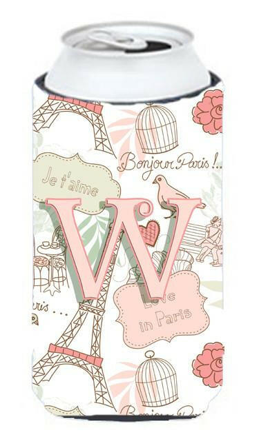 Letter W Love in Paris Pink Tall Boy Beverage Insulator Hugger CJ2002-WTBC by Caroline&#39;s Treasures