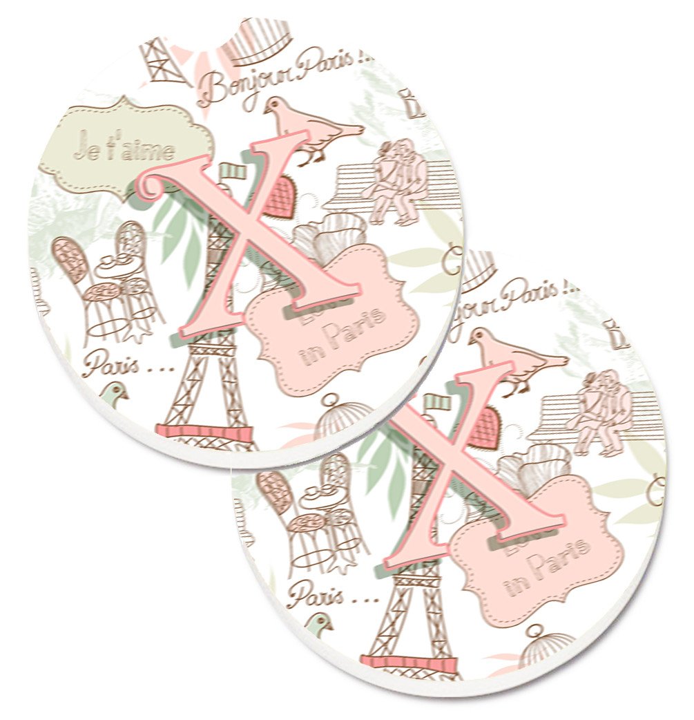 Letter X Love in Paris Pink Set of 2 Cup Holder Car Coasters CJ2002-XCARC by Caroline&#39;s Treasures
