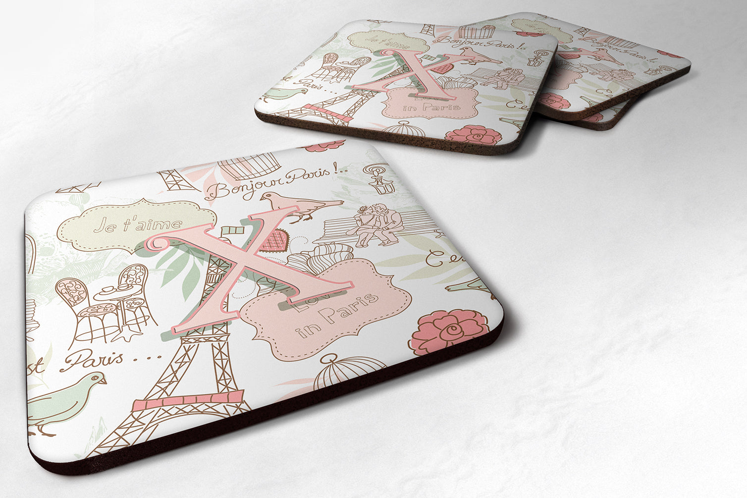 Set of 4 Letter X Love in Paris Pink Foam Coasters CJ2002-XFC - the-store.com