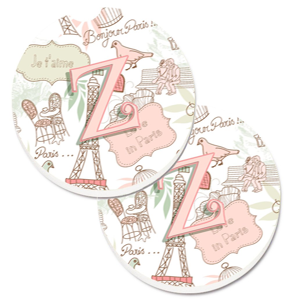 Letter Z Love in Paris Pink Set of 2 Cup Holder Car Coasters CJ2002-ZCARC by Caroline&#39;s Treasures
