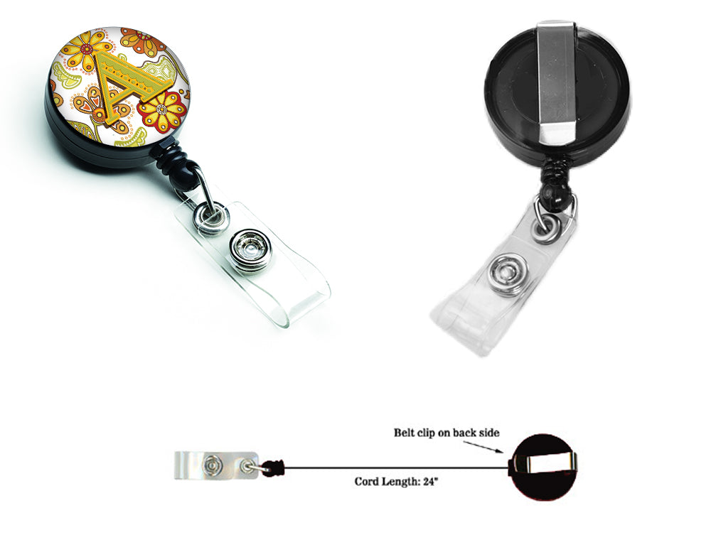 Letter A Floral Mustard and Green Retractable Badge Reel CJ2003-ABR  the-store.com.