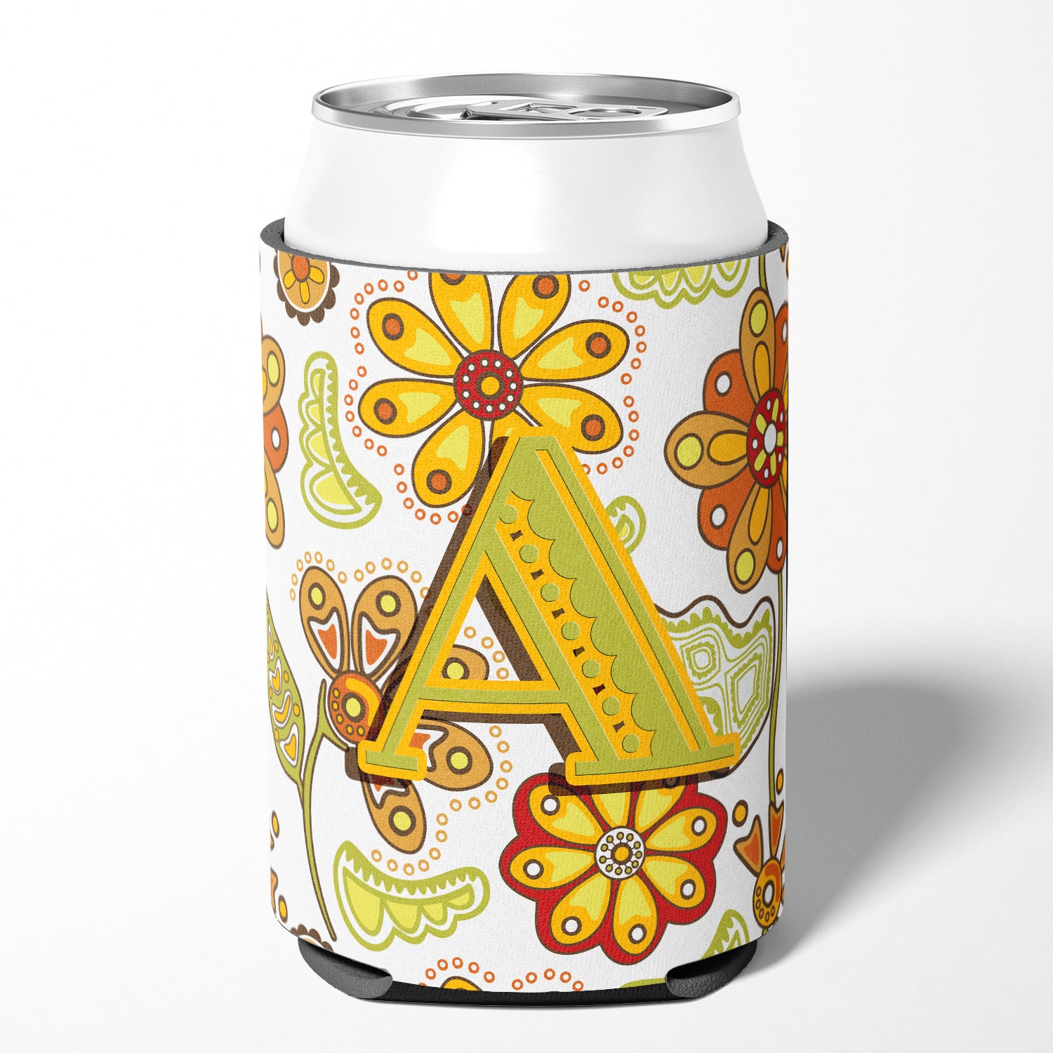 Letter A Floral Mustard and Green Can or Bottle Hugger CJ2003-ACC