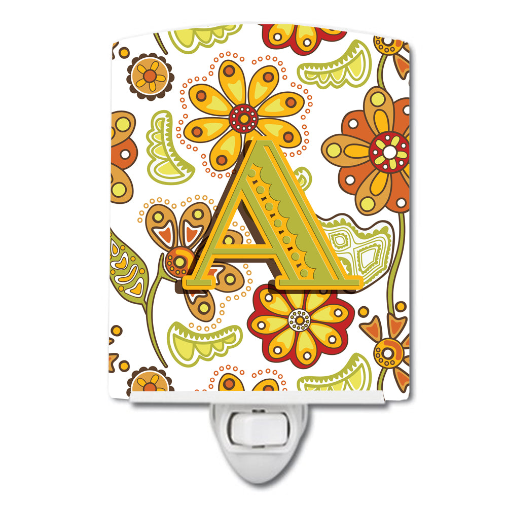 Letter A Floral Mustard and Green Ceramic Night Light CJ2003-ACNL - the-store.com
