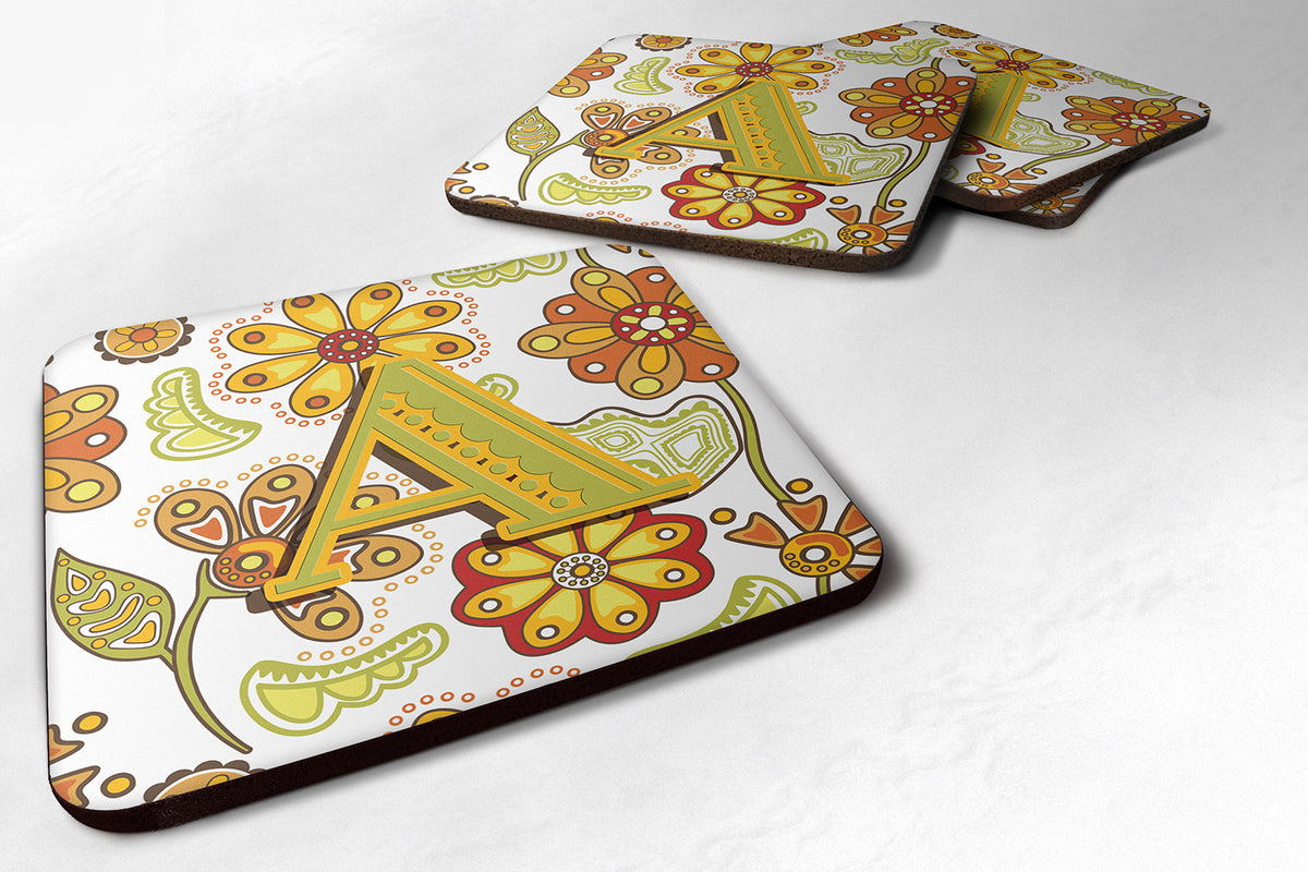 Set of 4 Letter A Floral Mustard and Green Foam Coasters CJ2003-AFC - the-store.com