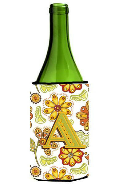 Letter A Floral Mustard and Green Wine Bottle Beverage Insulator Hugger CJ2003-ALITERK by Caroline&#39;s Treasures