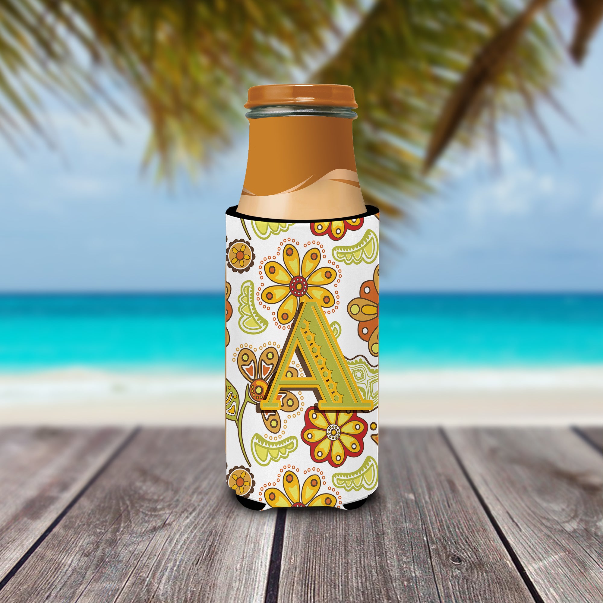 Letter A Floral Mustard and Green Ultra Beverage Insulators for slim cans CJ2003-AMUK
