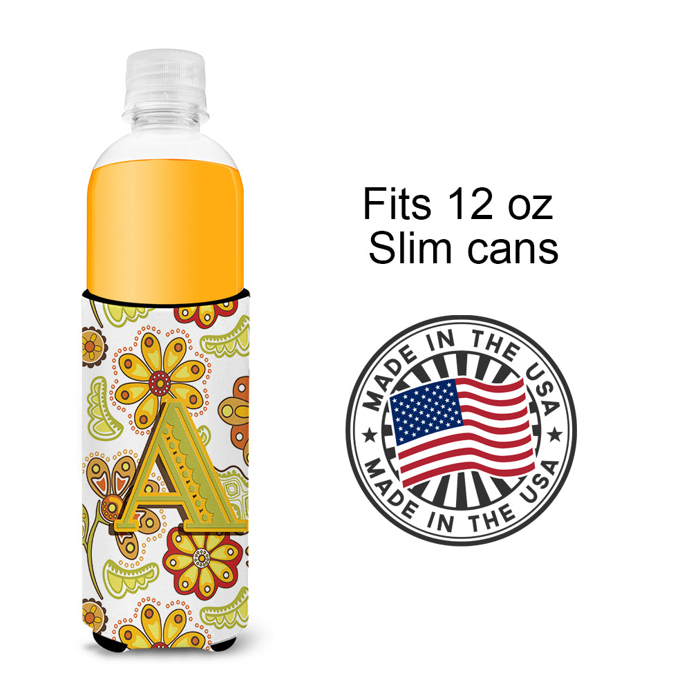 Letter A Floral Mustard and Green Ultra Beverage Insulators for slim cans CJ2003-AMUK.