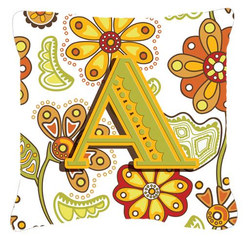 Letter A Floral Mustard and Green Canvas Fabric Decorative Pillow by Caroline's Treasures