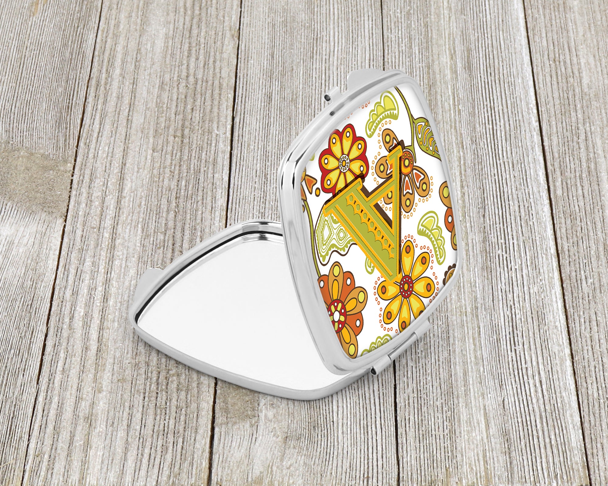 Letter A Floral Mustard and Green Compact Mirror CJ2003-ASCM  the-store.com.