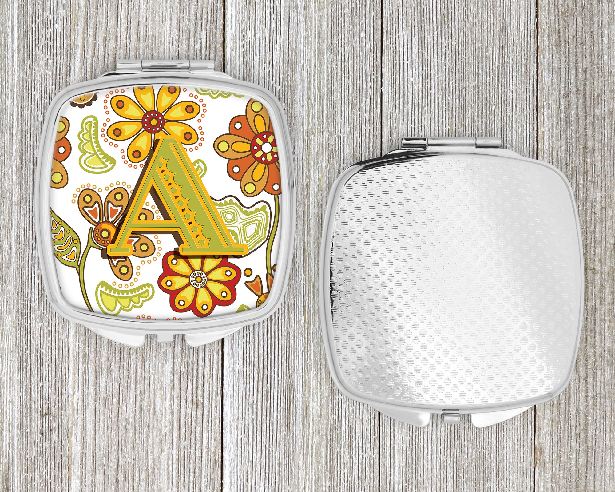 Letter A Floral Mustard and Green Compact Mirror CJ2003-ASCM  the-store.com.