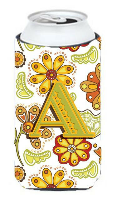 Letter A Floral Mustard and Green Tall Boy Beverage Insulator Hugger CJ2003-ATBC by Caroline&#39;s Treasures