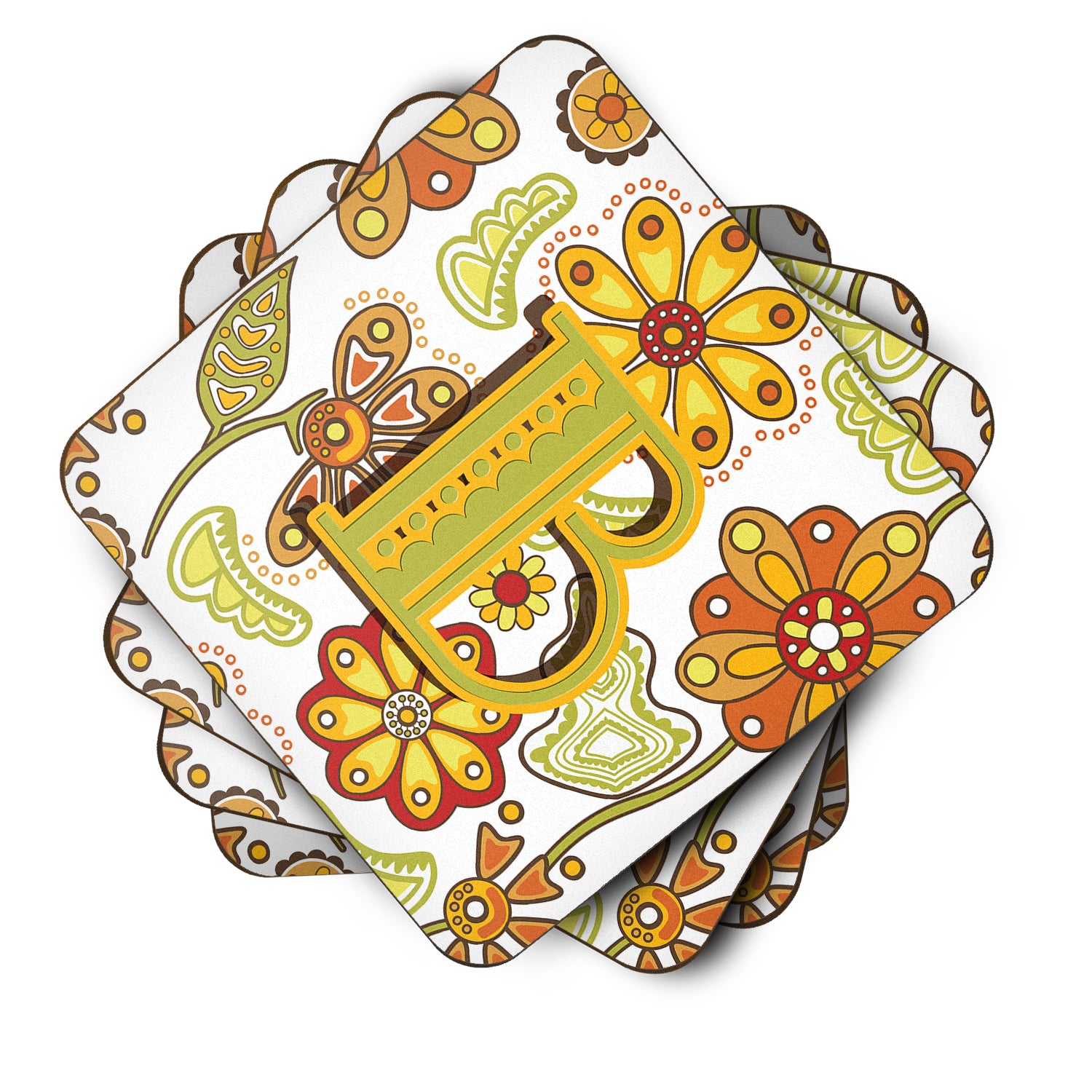 Set of 4 Letter B Floral Mustard and Green Foam Coasters CJ2003-BFC - the-store.com